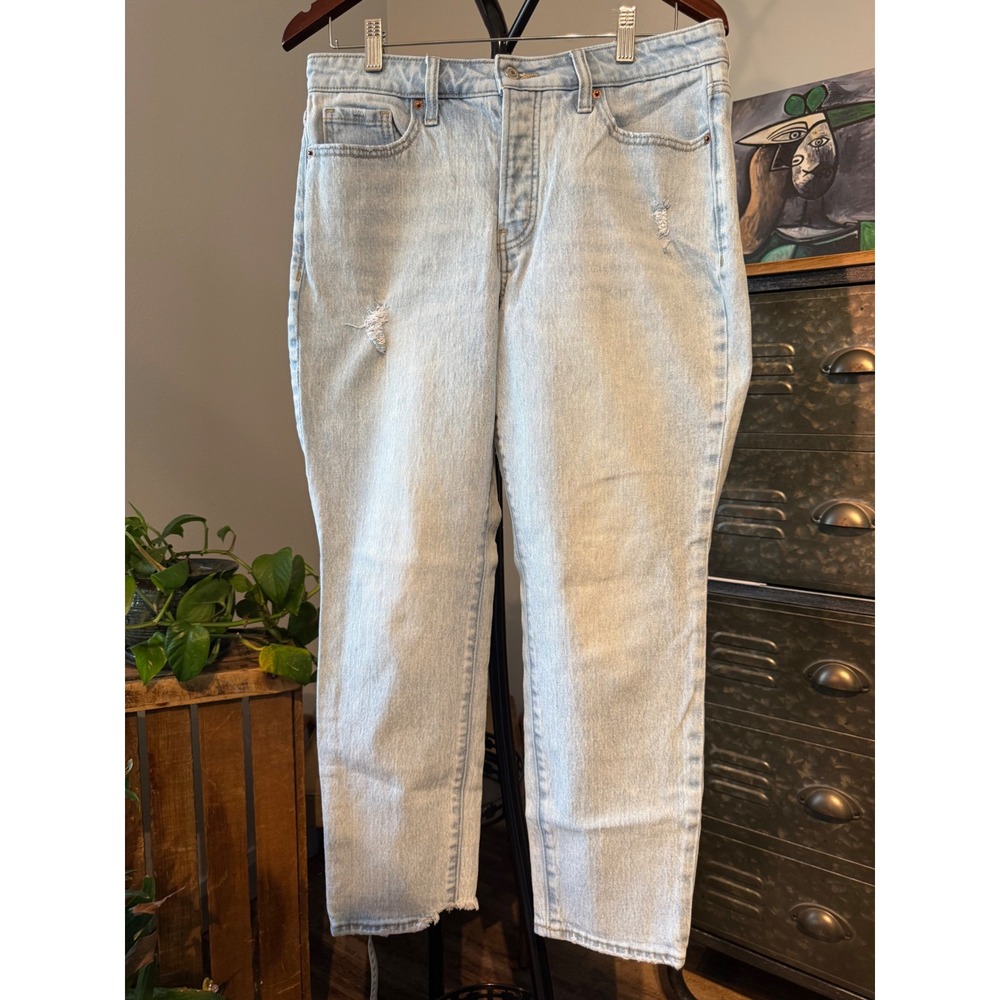 Old Navy OG Straight High Rise Distressed Button Fly Jeans Light Wash‎ 10 Petite